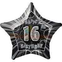 16th Birthday Star - Foil Balloon 50cm (Glitz Black and Silver)*