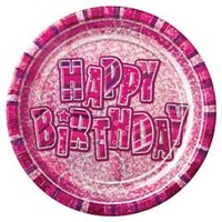 Glitz Pink 230 mm Happy Birthday Plates -Pk 6