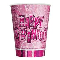 Glitz Pink 270ml Happy Birthday Cups - Pk 6*