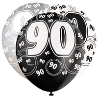 12in 90th Birthday Printed Balloons (Black Glitz) - Pk 6