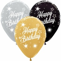 "Happy Birthday" Silver, Gold, Black Metallic Latex Balloons (30cm) - Pk 50