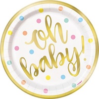 "oh baby" Gold Foil & Pastel Dots 7" Stamped Plates - Pk 8