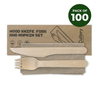 16cm Wooden Knife, Fork & Napkin Set - Pk 100