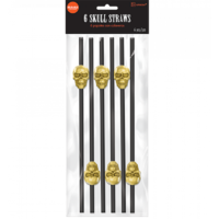 Black Straws with Gold Skull Shapes - Pk 6