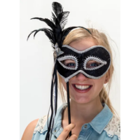 Deluxe Black & Silver Masquerade Mask on Stick