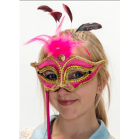 Deluxe Pink & Gold Masquerade Mask on Stick*