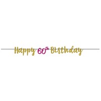 60th Birthday Pink & Gold Glitter Letter Banner (3.65m)