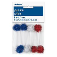 Red, Blue & Silver Pompom Picks - Pk 8*