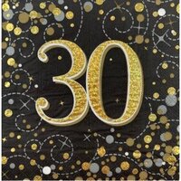 "30" Black/Gold Sparkling Fizz Napkins - Pk 16