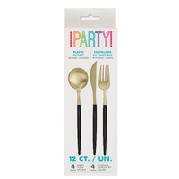Black/Gold Reusable Plastic Cutlery Set - Pk 12