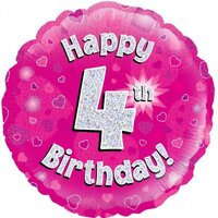 4th Birthday Holo Pink Round Foil Balloon (18in.)