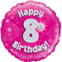 8th Birthday Holo Pink Round Foil Balloon (18in.)