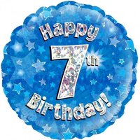 7th Birthday Holo Blue Round Foil Balloon (18in.)