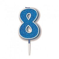 Glitter Blue Number 8 Candle - 7.5cm
