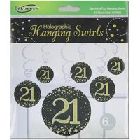 Hanging Swirl Sparkling Fizz 21st Black/Gold (81cm) Pk 6