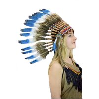 Indian Chief Blue Tip Feather Headdress Costume