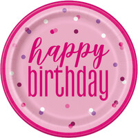 23cm Pink Glitz Happy Birthday Paper Plates - Pk 8