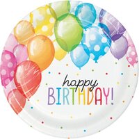 22cm Happy Birthday Balloon Bash Round Paper Plates - Pk 8
