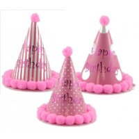Pink Pompom Birthday Party Hat (20cm) - Asstd. Designs