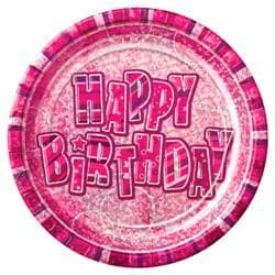 Glitz Pink 230 mm Happy Birthday Plates -Pk 6