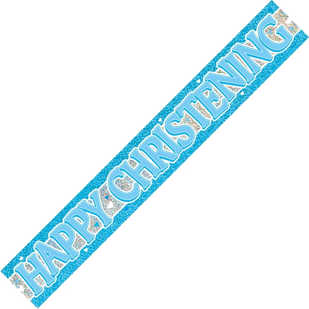 Happy Christening Blue Holographic Banner - 3.6m Long