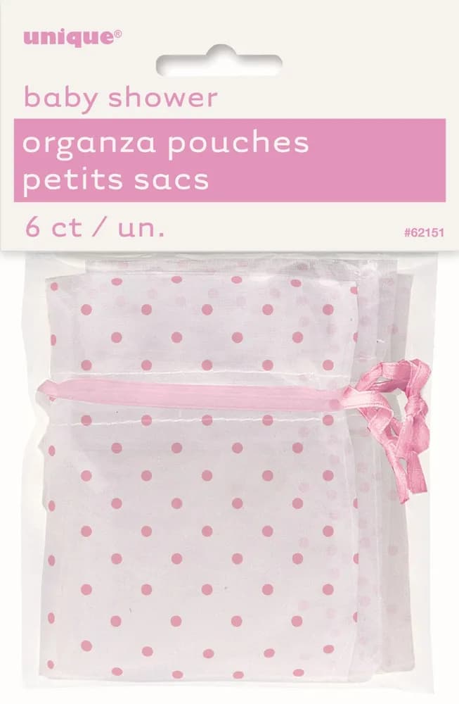 Baby Shower Pink Dots Organza Pouches - Pk 6