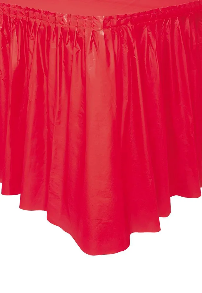 Red Plastic Table Skirt 73cm drop, 4.26m long with adhesive strip