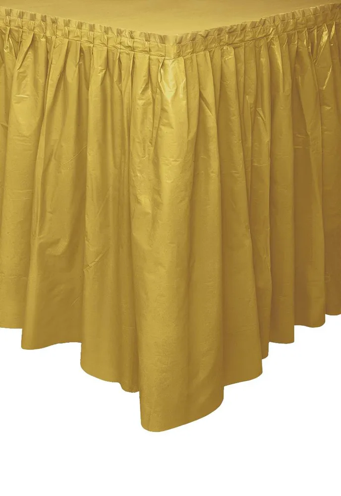Gold Plastic Table Skirt 73cm drop, 4.26m long with adhesive strip