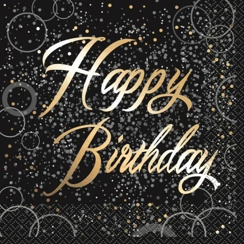 Happy Birthday Black & Gold Glitz Lunch Napkins - Pk 16