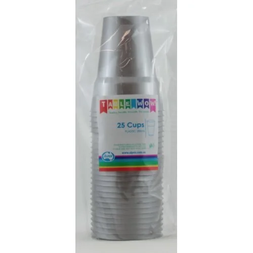 REUSABLE Silver Plastic Cups (285ml) - Pk 20