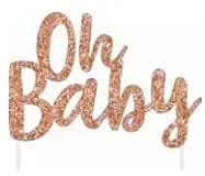 "Oh Baby" glittering rose gold cake topper
