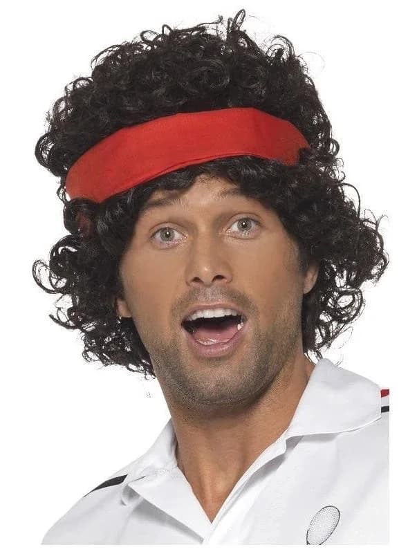 80s Tennis Player Curly Black Wig & Headband