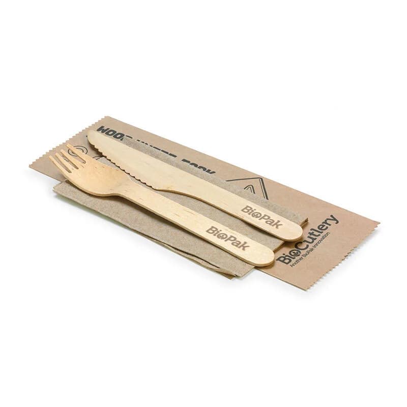 16cm Wooden Knife, Fork & Napkin Set - Pk 100