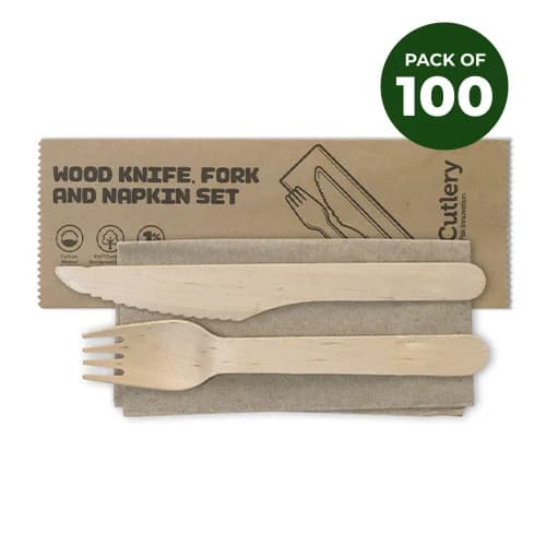 16cm Wooden Knife, Fork & Napkin Set - Pk 100