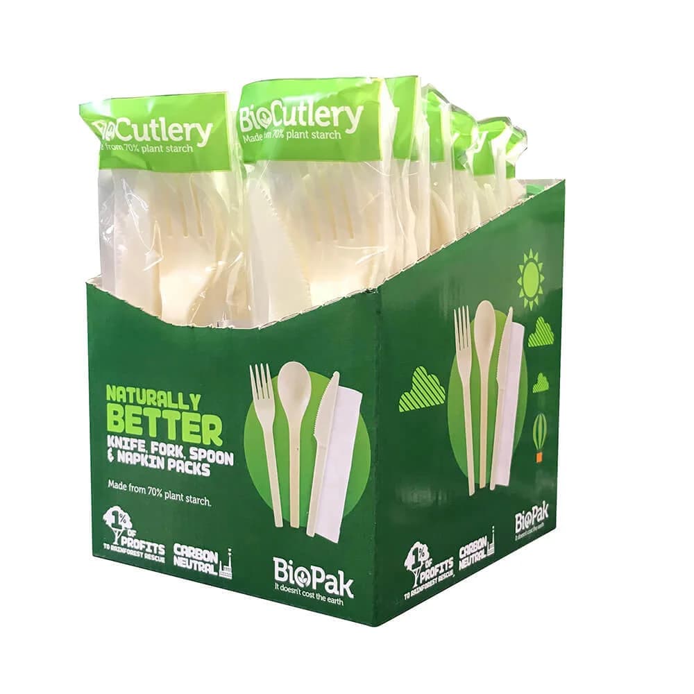 15cm BioCutlery Knife, Fork, Spoon & Napkin Sets - Pk 20