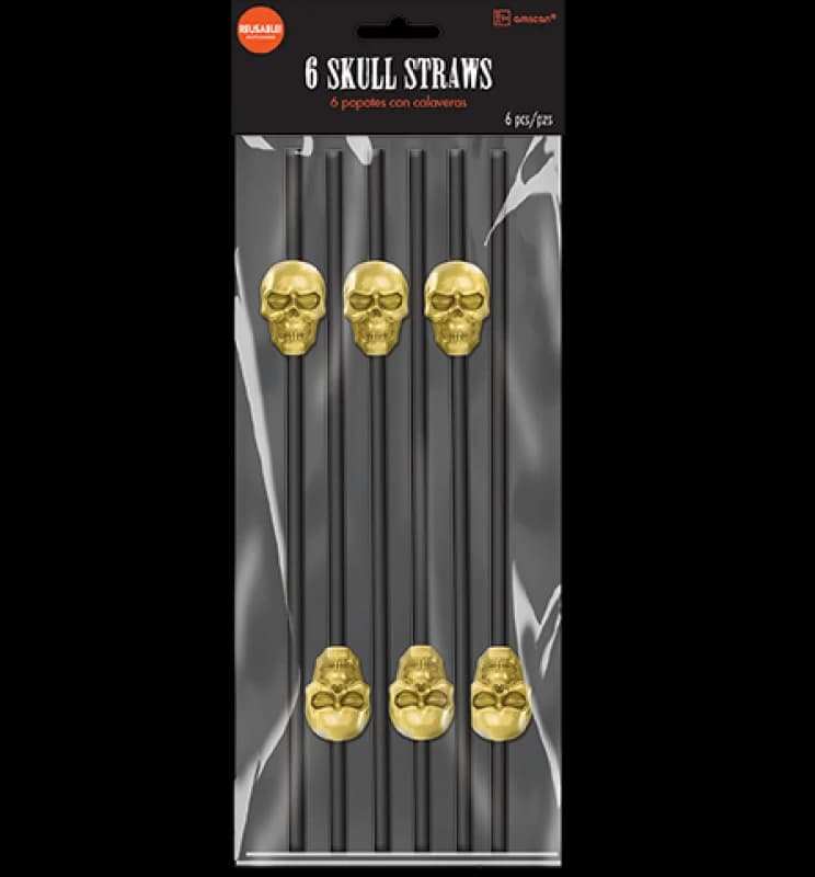 Black Straws with Gold Skull Shapes - Pk 6