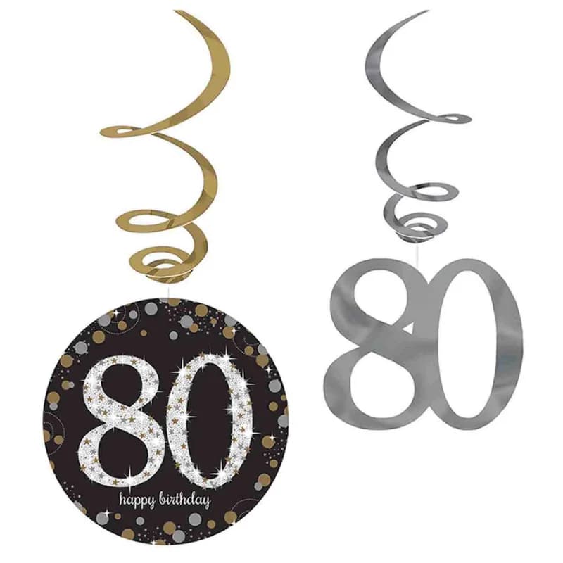 80th Birthday Sparkling Hanging Swirls - Pk 12