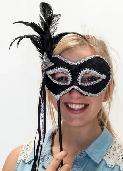Deluxe Black & Silver Masquerade Mask on Stick