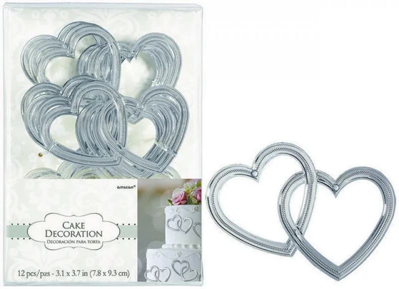Plastic Silver Heart Cake Decorations - Pk 12