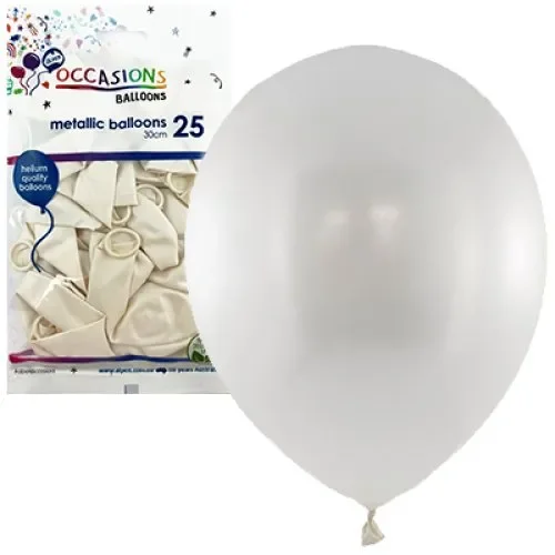Metallic White Latex Balloons (30cm) - Pk 25