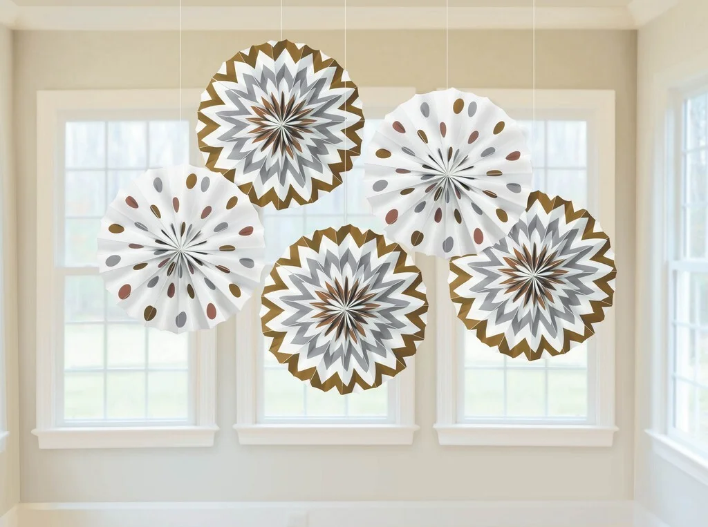 Gold & Silver Paper Fan Decorations - Pk 5