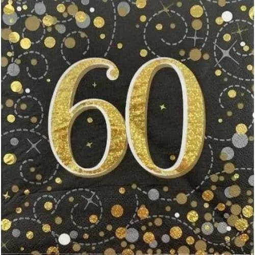 "60" Black/Gold Sparkling Fizz Napkins - Pk 16