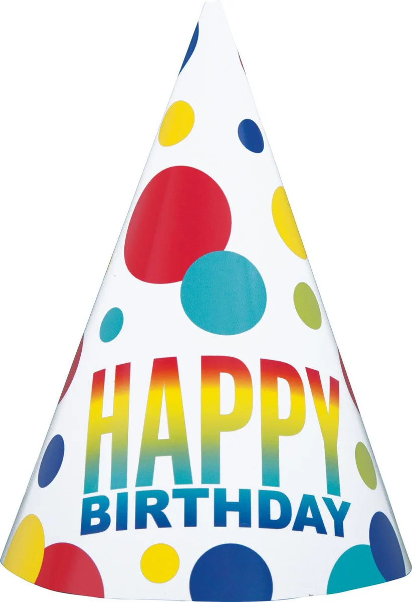 Happy Birthday Rainbow Dots Party Hats - Pk 8
