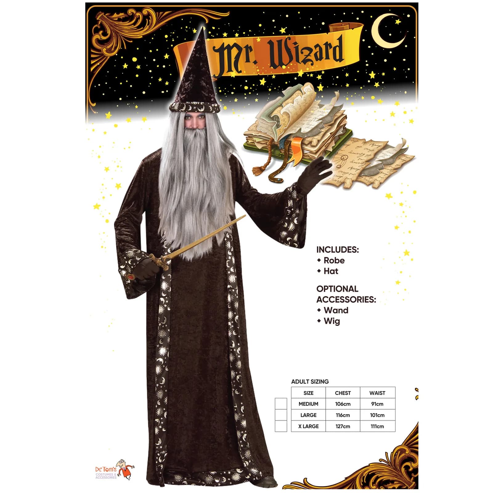 Adults Mr. Wizard Costume - pack shot showing what is included