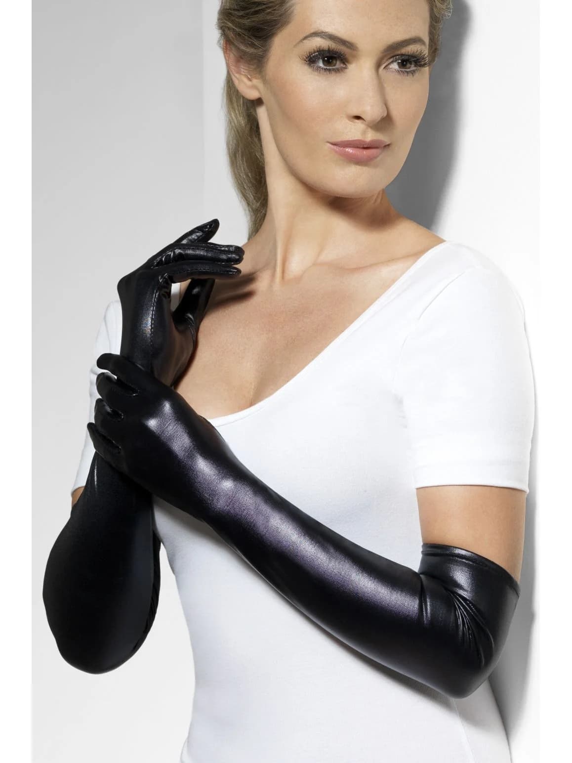 Adults Long Black Wet Look Gloves