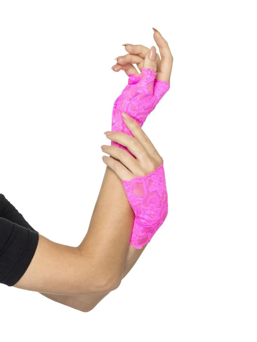 Adults Neon Pink Fingerless Lace Gloves