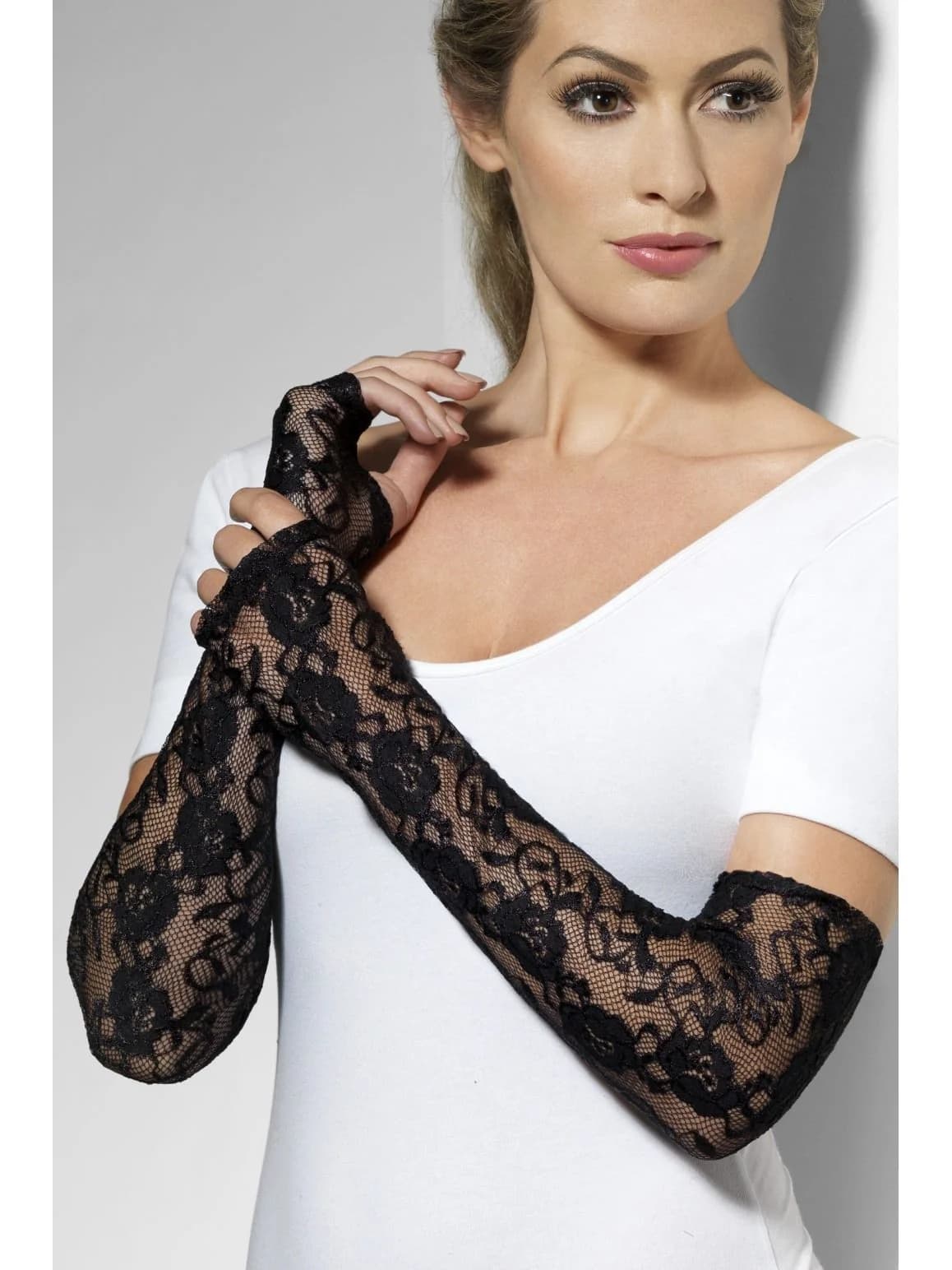 Adults Long Black Fingerless Gloves