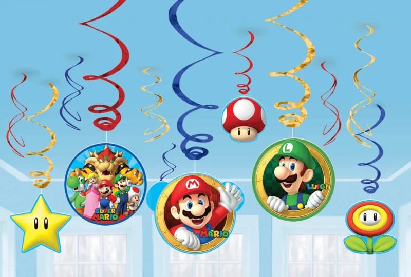 Super Mario Party Swirl Hanging Decorations - Pk 12