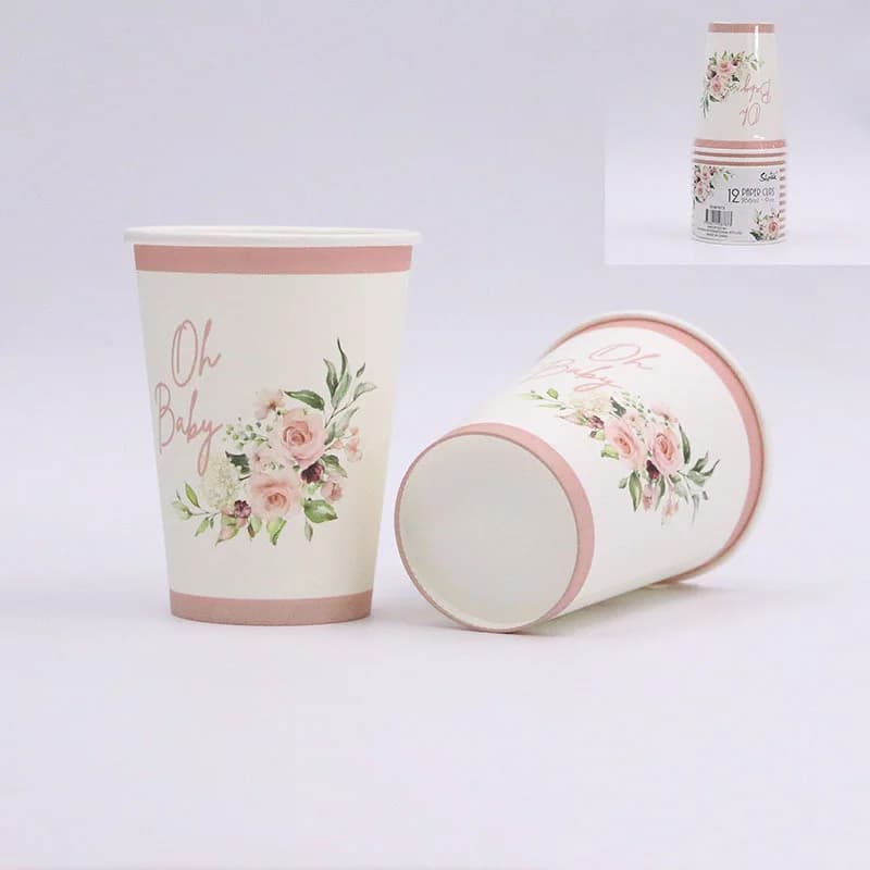 "Oh Baby" Pink Floral Drinking Cups (266ml) - Pk 12