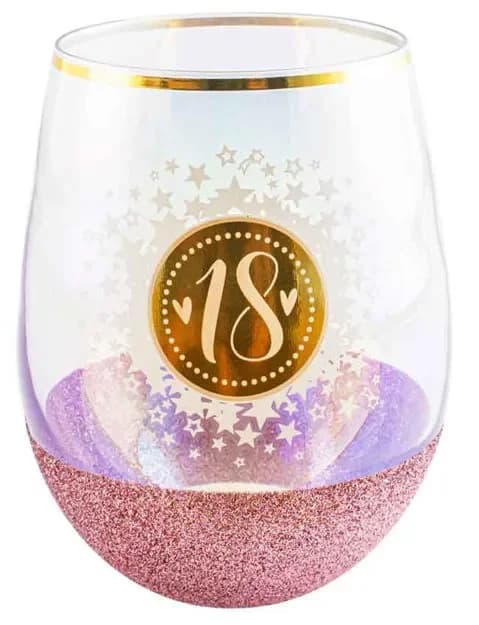 "18" Pink Glitterati Stemless Wine Glass